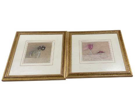 † SUE READ; two watercolours, still lifes of fruit including cherries in a dish with cranberry glass wine glass, signed with 