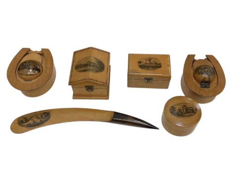 MAUCHLINE WARE; two horse shoe shaped inkwells, 'Miller Park - Preston' and 'Shakespeare's House, Stratford-on-Avon', both 11