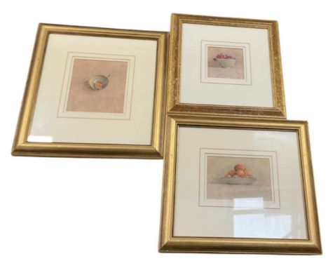 † SUE READ; three watercolours, still lifes of fruit including pomegranates in a bowl, cherries in a bowl etc, all signed low