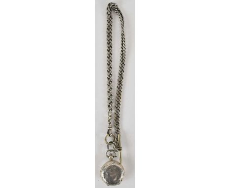 A hallmarked silver sovereign case, on a silver Albert chain, length of chain 31cm, combined approx 1.8ozt.