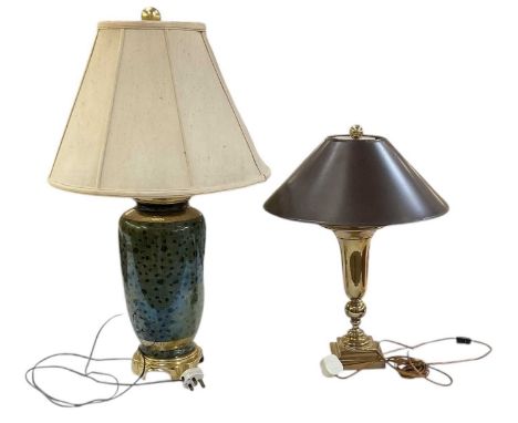A modern brass mounted ceramic baluster form table lamp, with lustrous glaze decorated with black spotting, height to top of 