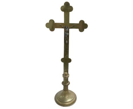 A late 19th century Gothic brass church altar crucifix, with white metal figure of Jesus, inscribed to base and dated 15th No