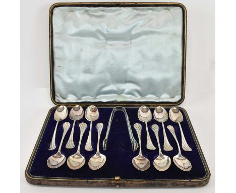 JAMES DIXON &amp; SONS LTD; a cased set of twelve Victorian hallmarked silver teaspoons, Sheffield 1895, with associated suga