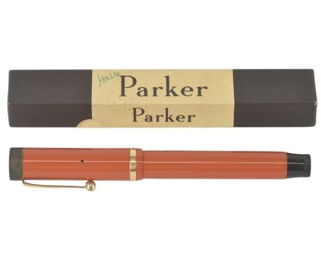 PARKER; a 1930s Duofold Big Red fountain pen, with Duofold yellow metal nib, length 14cm (boxed).
