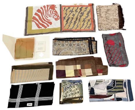 Eight designer silk scarves, all approx 85 x 85cm, including Yves Saint Laurent, Gustav Klimt, Eliso Firenze, Pablo Picasso, 