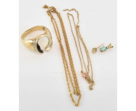 A yellow metal opal and diamond set pendant, length approx 1.2cm, a 9ct yellow gold fine link necklace (cut), weight approx 0