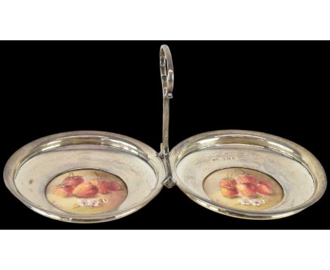 SANDERS &amp; MACKENZIE; a George V hallmarked silver double dish stand, the centres featuring hand painted strawberries on R