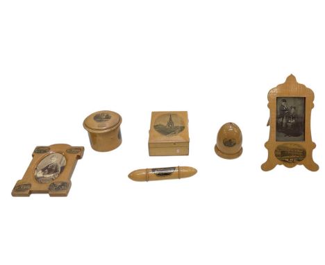 MAUCHLINE WARE; six pieces comprising a photograph frame, 'The Crescent, Buxton', 19 x 11.5cm, a photograph frame, 'Aquarium,