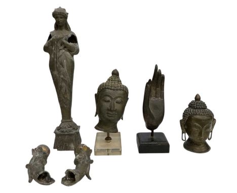 A white metal/spelter figure of Liberty (lacking arms), height 35cm, two modern Thai bronze busts, one raised on modern conte