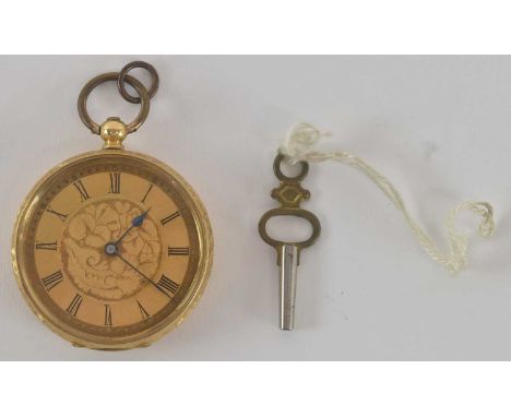 A Continental 18ct yellow gold lady's fob watch, the dial set with Roman numerals and with impressed floral decoration, diame