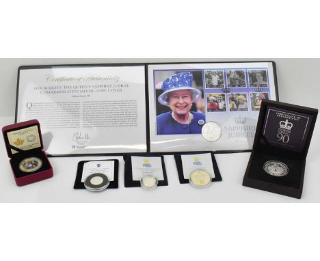 Six silver Royal commemorative coins to include Queen Elizabeth II 90th birthday celebration silver £5 proof coin, two Westmi