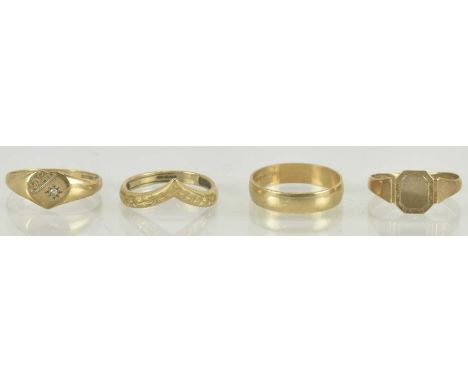 Two 9ct yellow gold signet rings, sizes I and K, a 9ct yellow gold wedding band, size J/K, and a further 9ct yellow gold ring