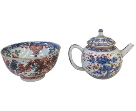 An early 19th century Chinese Export ware Imari decorated porcelain teapot, height 12cm, and a Japanese Imari decorated porce