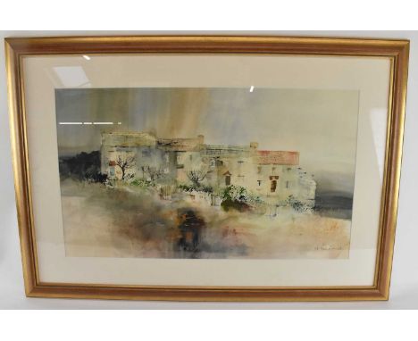 † COLIN KENT (born 1934); watercolour, abstract rural town scene, signed lower right, 39 x 67cm, framed and glazed.