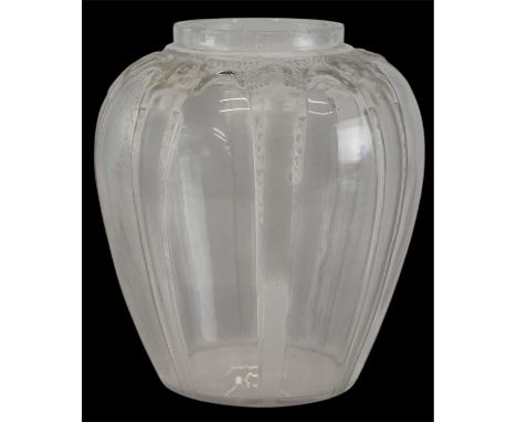 RENE LALIQUE; a French frosted glass 'Cariatides' vase, decorated with nude figures, height 20cm.