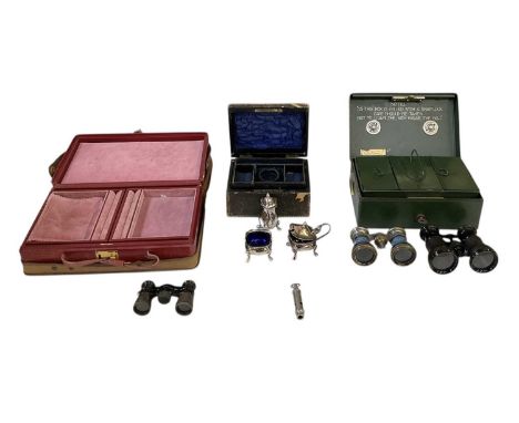 A group of mixed collectables including three pairs of opera glasses, a whistle, a silver plated three piece cruet with blue 