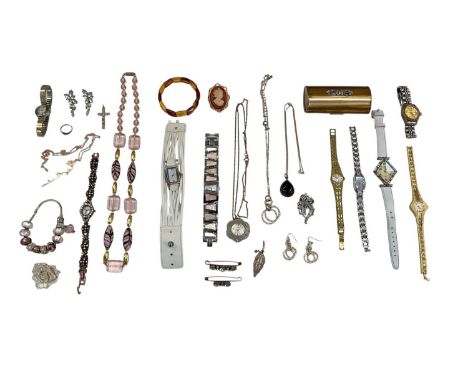 A collection of designer and costume jewellery and watches, including six lady's watches, watch pendant on chain, cameo brooc