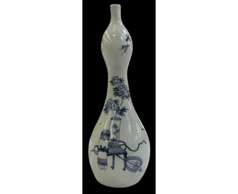 A tall Korean porcelain blue and white double gourd vase, decorated with vases and foliage, height 17cm.