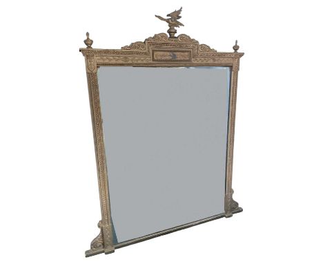 A mid to late 19th century gilt framed overmantel wall mirror, surmounted with decoration of a bird above painted panel depic