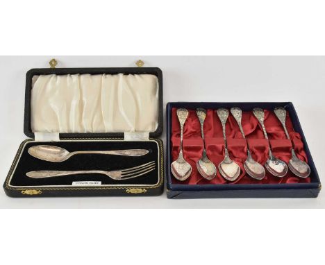 ARTHUR PRICE &amp; CO LTD; a cased George VI hallmarked silver christening set including spoon and fork, both inscribed 'Jenn