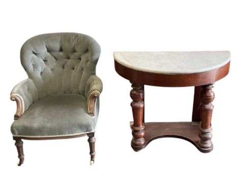 A late 19th century marble topped mahogany demi-lune washstand, top 44 x 88cm, and a Victorian mahogany framed nursing chair 