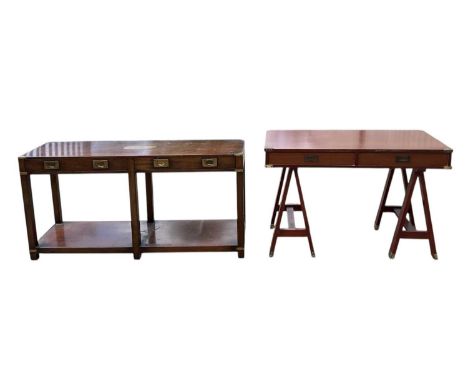 A reproduction brass bound campaign style two drawer hall table, top 137 x 40cm, and a matching brass bound yew wood two draw