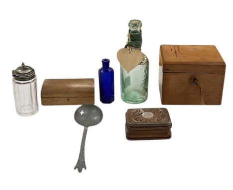 An early 20th century fruitwood powder box, 14.5 x 12cm, an 18th century pewter spoon, length 18.5cm, an oak box, 12.5 x 7.5c