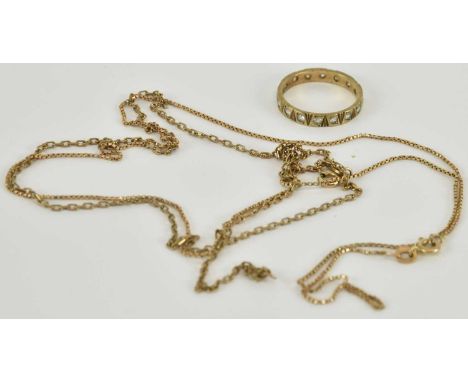 Two 9ct gold dainty chains with ring clasps and a 9ct gold eternity band with white stones, size P, combined approx 6.8g.Cond