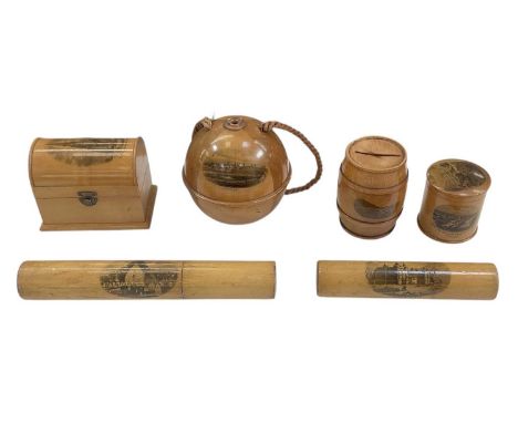 MAUCHLINE WARE; six pieces comprising a wool ball holder on cord, 'Chester', height 9.5cm, a cylinder shaped ribbon box, 'Val