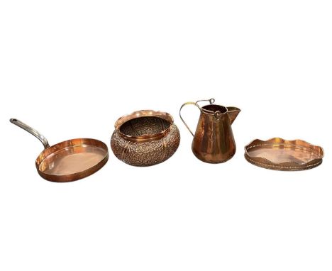 Four items of 19th and early 20th century copper, comprising a jardinière, with vertical stripes, textured bowl and shaped ed
