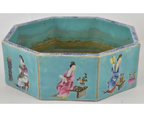 A 19th century Chinese octagonal porcelain bowl/planter, each panel decorated with a lady in a different post, with Qianlong 
