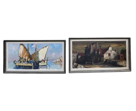 UNATTRIBUTED; a modern oil on canvas, abstract shipping scene, indistinctly signed lower right, 36 x 77cm, framed, and a furt
