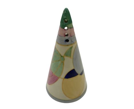 CLARICE CLIFF FOR STAFFORDSHIRE POTTERY; an Art Deco conical form sugar sifter in the 'Fantasque Pastel Melon' pattern, heigh