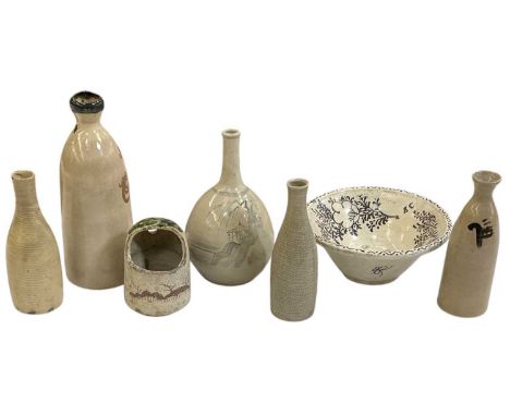 A Korean iron glazed bulbous form vase, decorated with pagodas and landscape, height 26cm, a Japanese Seto Oribe ceramic tokk