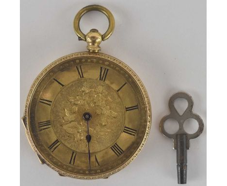 An open face gold coloured metal pocket watch, the back with shield engine turned and floral decoration, marked '18 carat fin