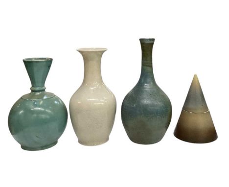 † DAVID ALLNATT; a modern contemporary conical form lidded pot, inscribed with sticker detailing ceramicist's name to the bas