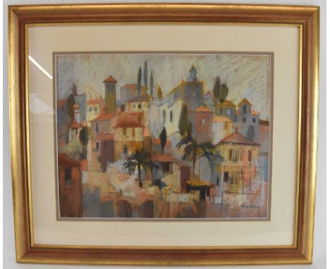 † MOIRA HUNTLY PPS RA RSMA (born 1932); watercolour and pastel, Continental town scene, signed lower right and artist's blurb