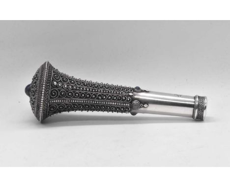 An unusual Persian white metal parasol or cane handle with filigree decoration, applied cabochons, and with engraved inscript