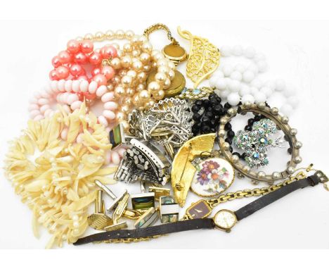 Various items of modern and vintage costume jewellery, including two lady's wristwatches with 9ct gold heads, cufflinks, broo