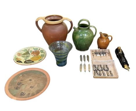 A collection of assorted 20th century sundry ceramics and glass, comprising a large twin handled stoneware vase, height 36cm,