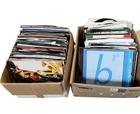 Two boxes of assorted drum and bass records, including 'Big Bad Bass', 'Vibe'z Recordings', 'Illusive Dream', Android EP, Att