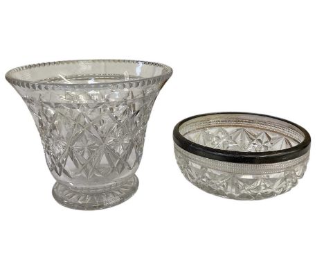 A George V hallmarked silver mounted circular cut glass bowl, London 1922, diameter 24cm and a large early 20th century cut g