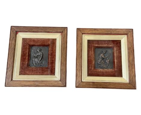 A pair of small square bronze plaques depicting classical maidens, both in matching mounts and oak glazed frames, overall 23.