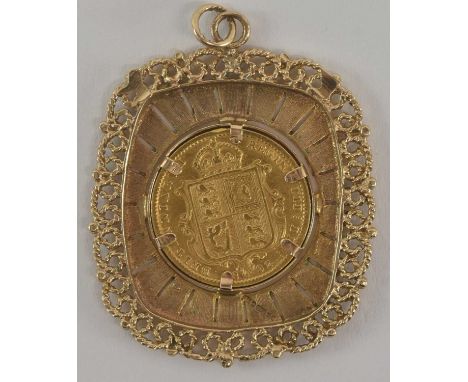 A Victoria half sovereign, 1892, shield back, Jubilee head, in 9ct yellow gold pendant mount, 4.1 x 3.3cm, approx 10g.
