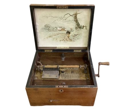A late 19th century mahogany cased symphonion (for restoration), the interior of the lid set with rural winter landscape prin
