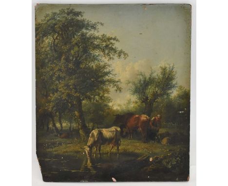 UNATTRIBUTED; an 18th/19th century oil on panel, rural scene, peasant farming lady amongst her cattle, indistinctly signed lo