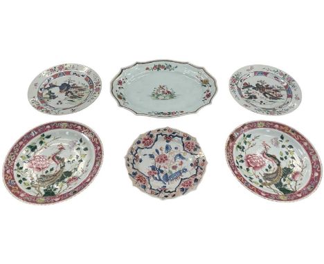 A pair of 19th century Chinese Nonya plates, the pink ground floral decorated border enclosing central panel depicting bird a