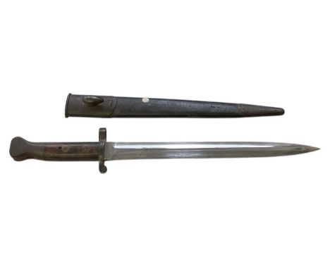 A World War II bayonet with scabbard, the double edged steel blade by Sanderson of Sheffield, length of blade 30.5cm, length 