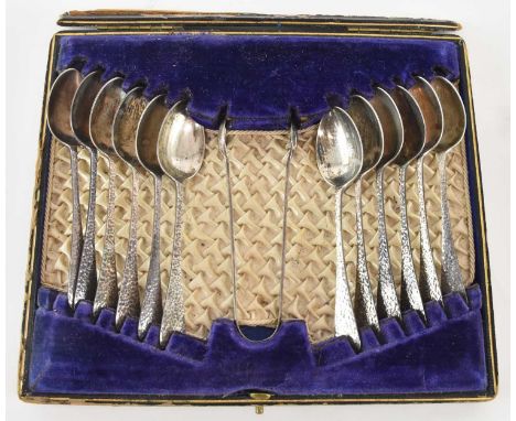 JAMES DIXON &amp; SON LTD; a cased set of twelve Edward VII hallmarked silver teaspoons, with matching sugar tongs, Sheffield