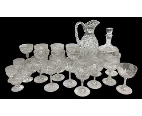 WHITEFRIARS; a star cut crystal glass decanter, with a set of five matching glasses, and three sets of six hand cut crystal g